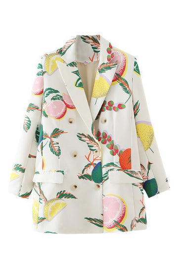 Fruit Print White Flower Notched Lapel Double Breasted Women's Blazer